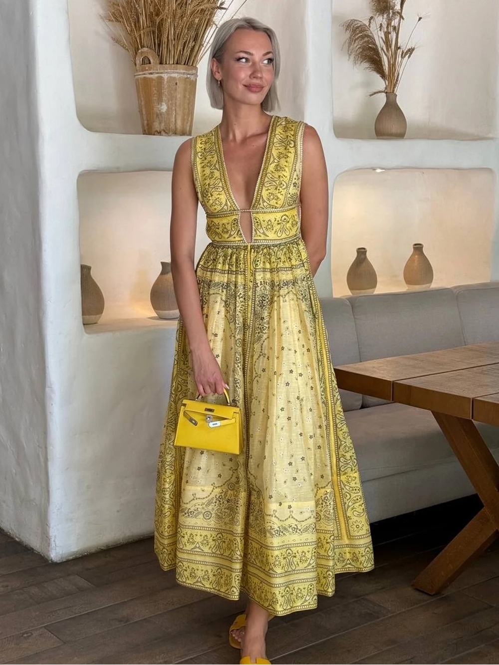 Zimmermann Matchmaker Bow Long Dress Yellow Bandana-Print V-Neck Midi Dress BNWT